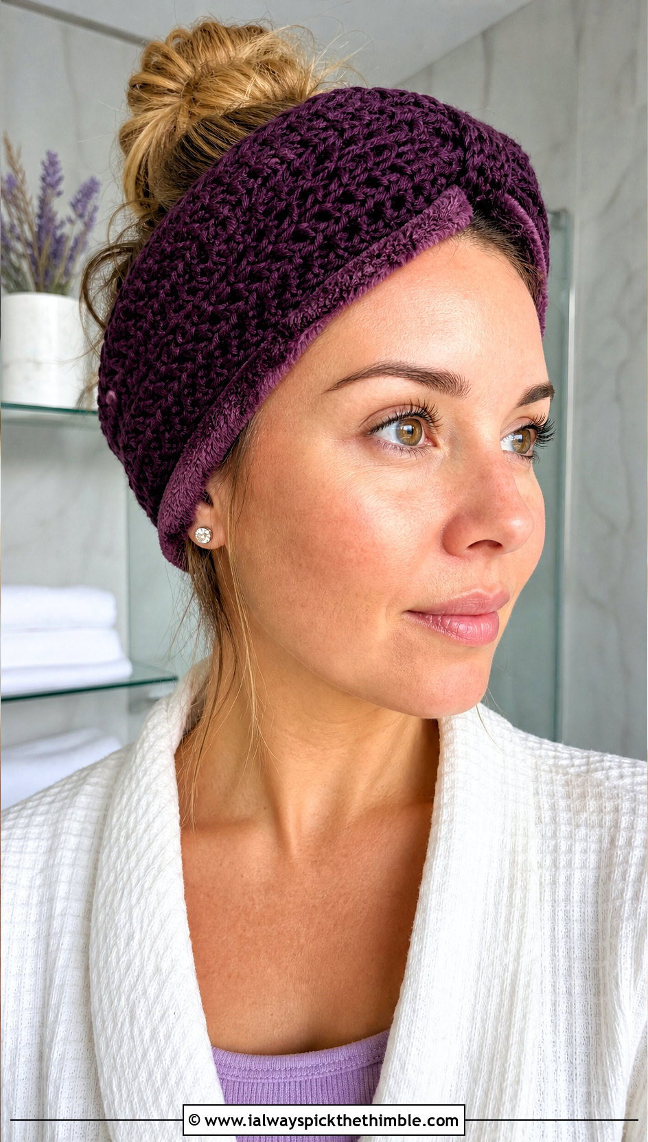 Terry Lined Crochet Skincare Headband With Waffle Robe - 15 Crochet Skincare Headband outfit ideas