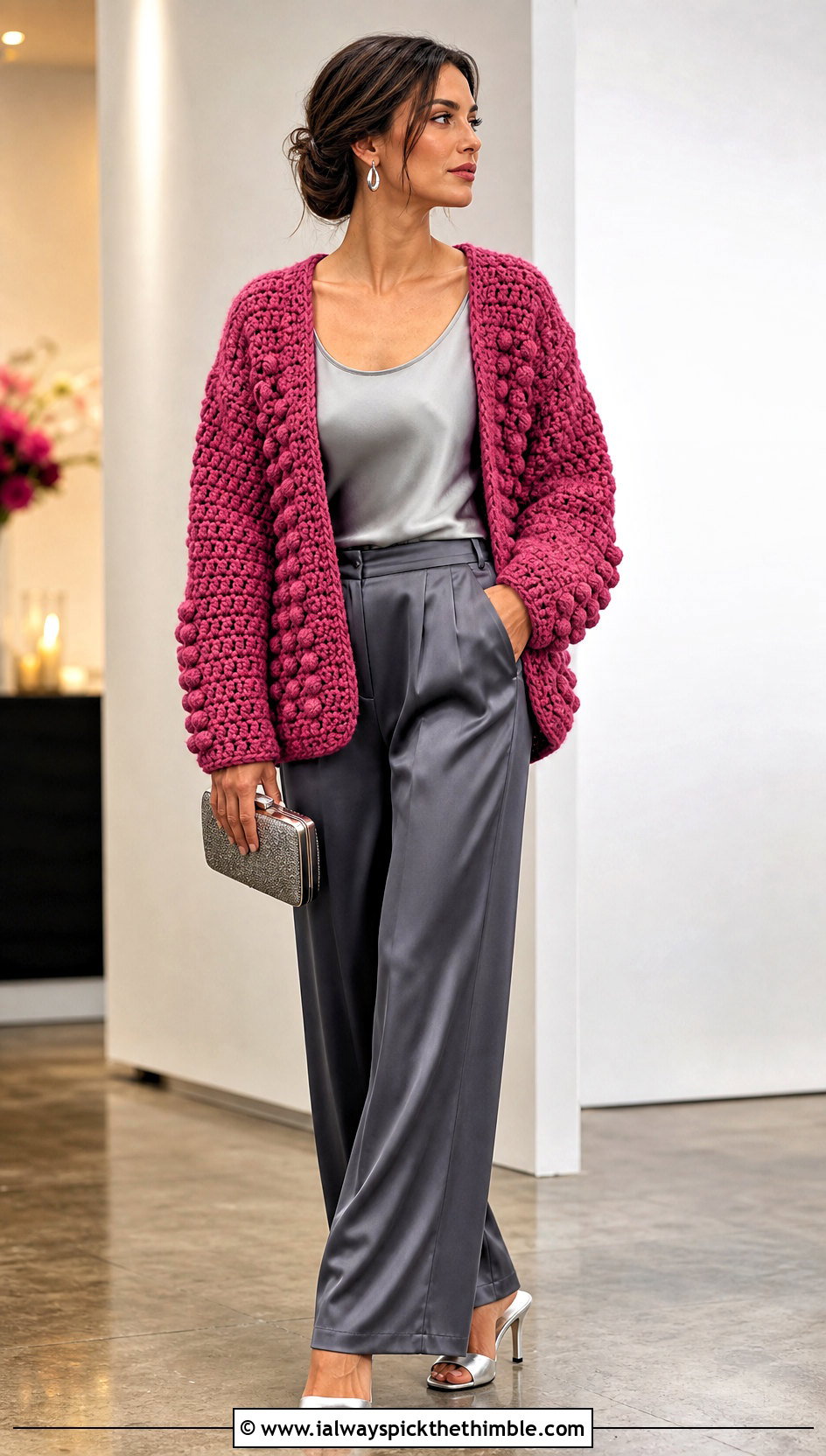 Textured Bobble Cocoon Crochet Cardigan With Satin Pants - 20 Cocoon Crochet Cardigan outfit ideas