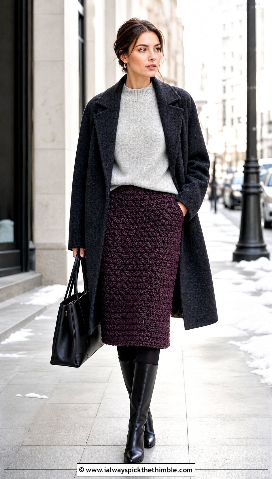 Textured Boucle Crochet Midi Skirt With Wool Coat - 25 crochet skirts outfit ideas