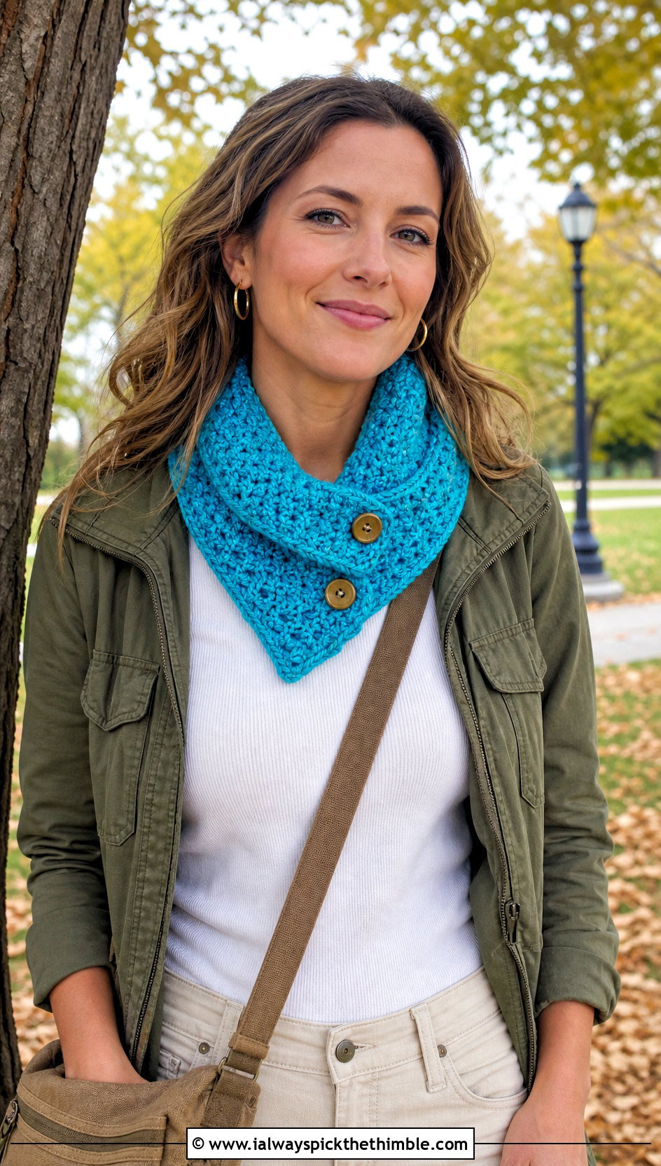 Textured Button Collar Scarf With Utility Jacket - 15 Button Crochet Scarf outfit ideas