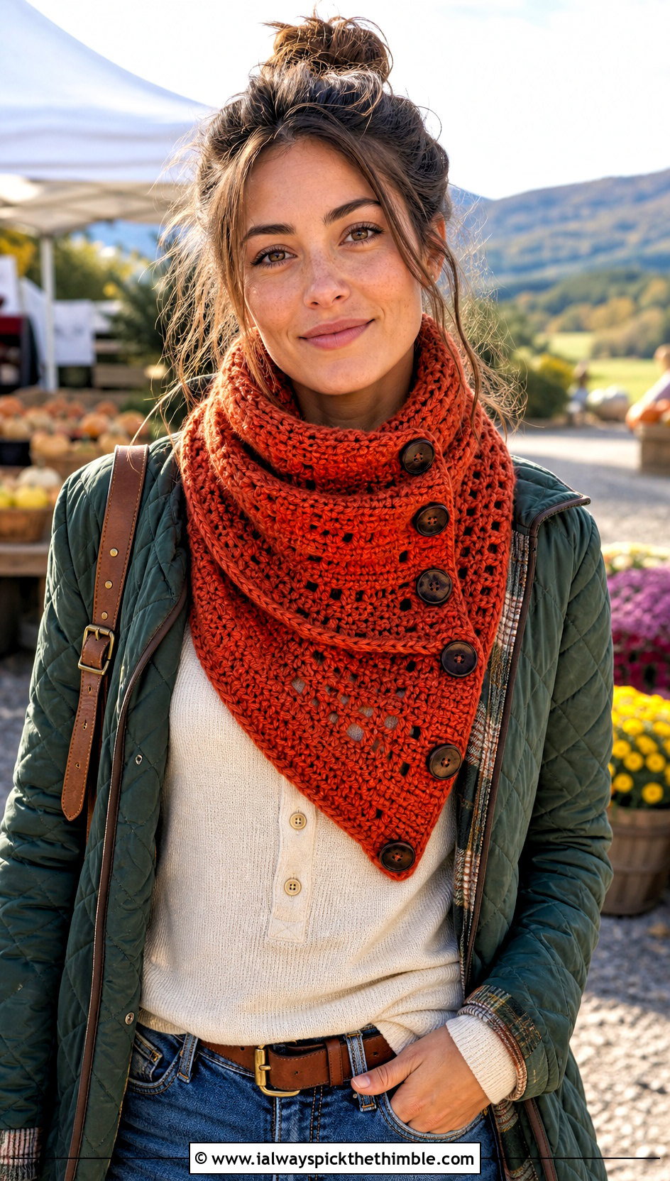 Textured Button Crochet Cowl With Quilted Jacket - 15 Crochet Cowl With Buttons outfit ideas