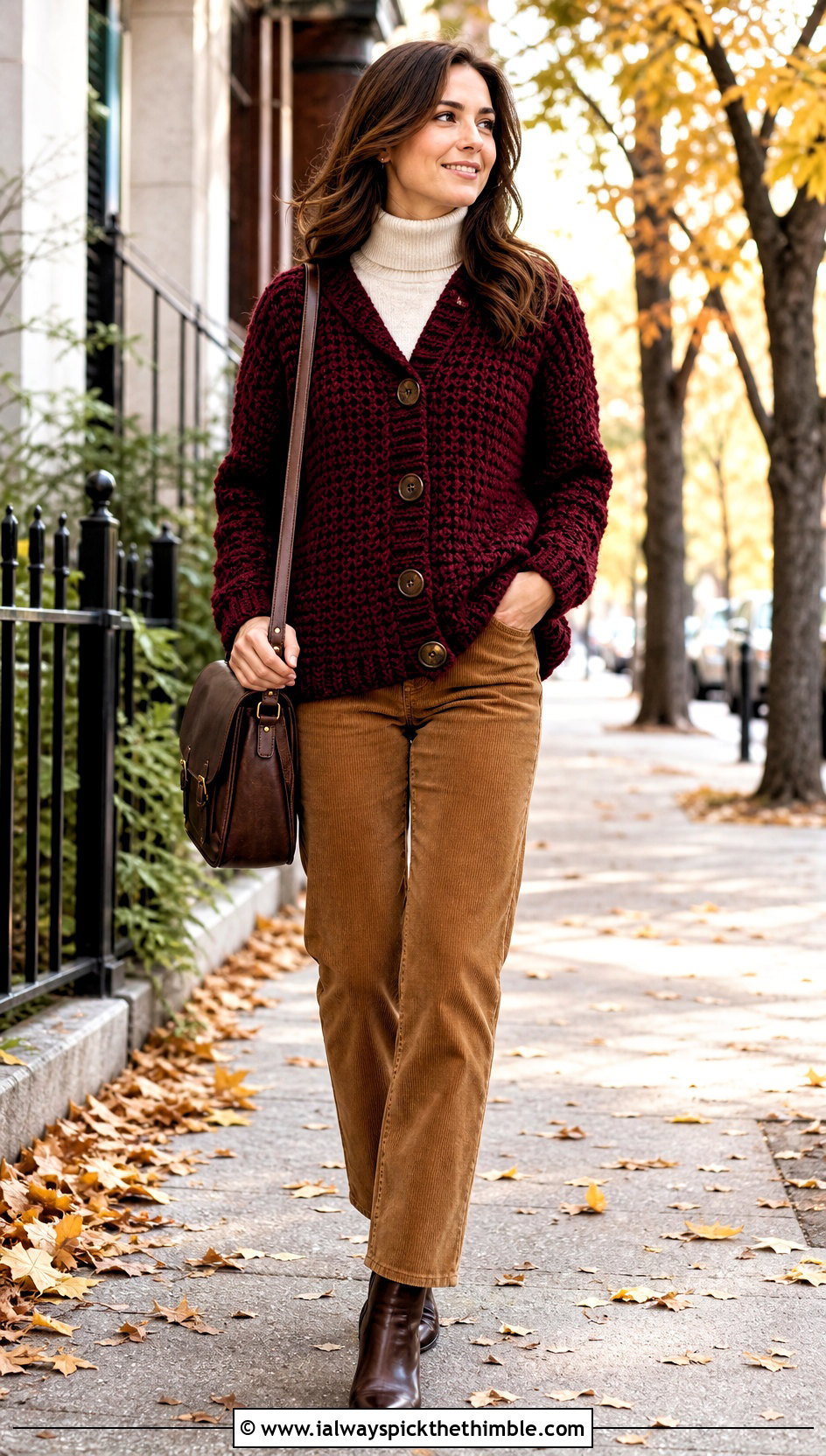Textured Button Crochet Grandpa Sweater With Corduroy Pants - 20 Crochet Grandpa Sweater outfit ideas