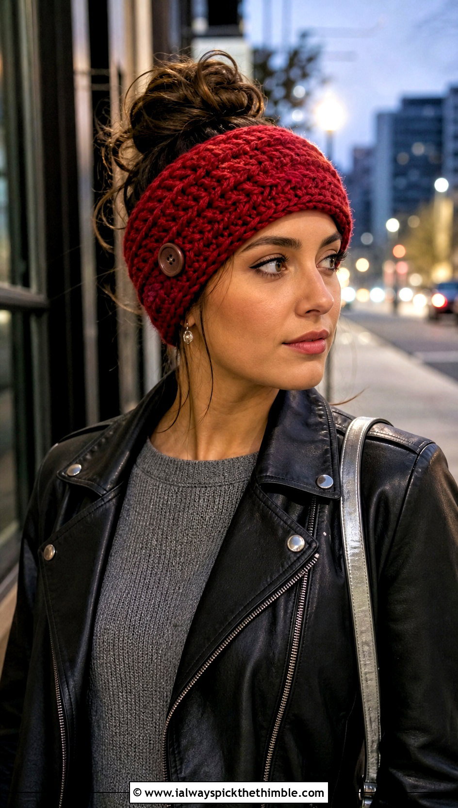 Textured Button Crochet Messy Bun Ear Warmer With Leather Jacket - 20 Crochet Messy Bun Ear Warmer outfit ideas