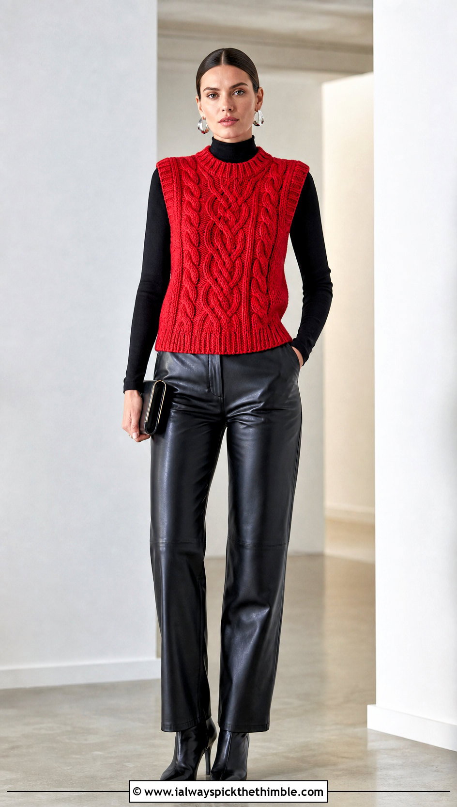 Textured Cable Look Crochet Sweater Vest With Leather Pants - 20 diy crochet sweater vest outfit ideas