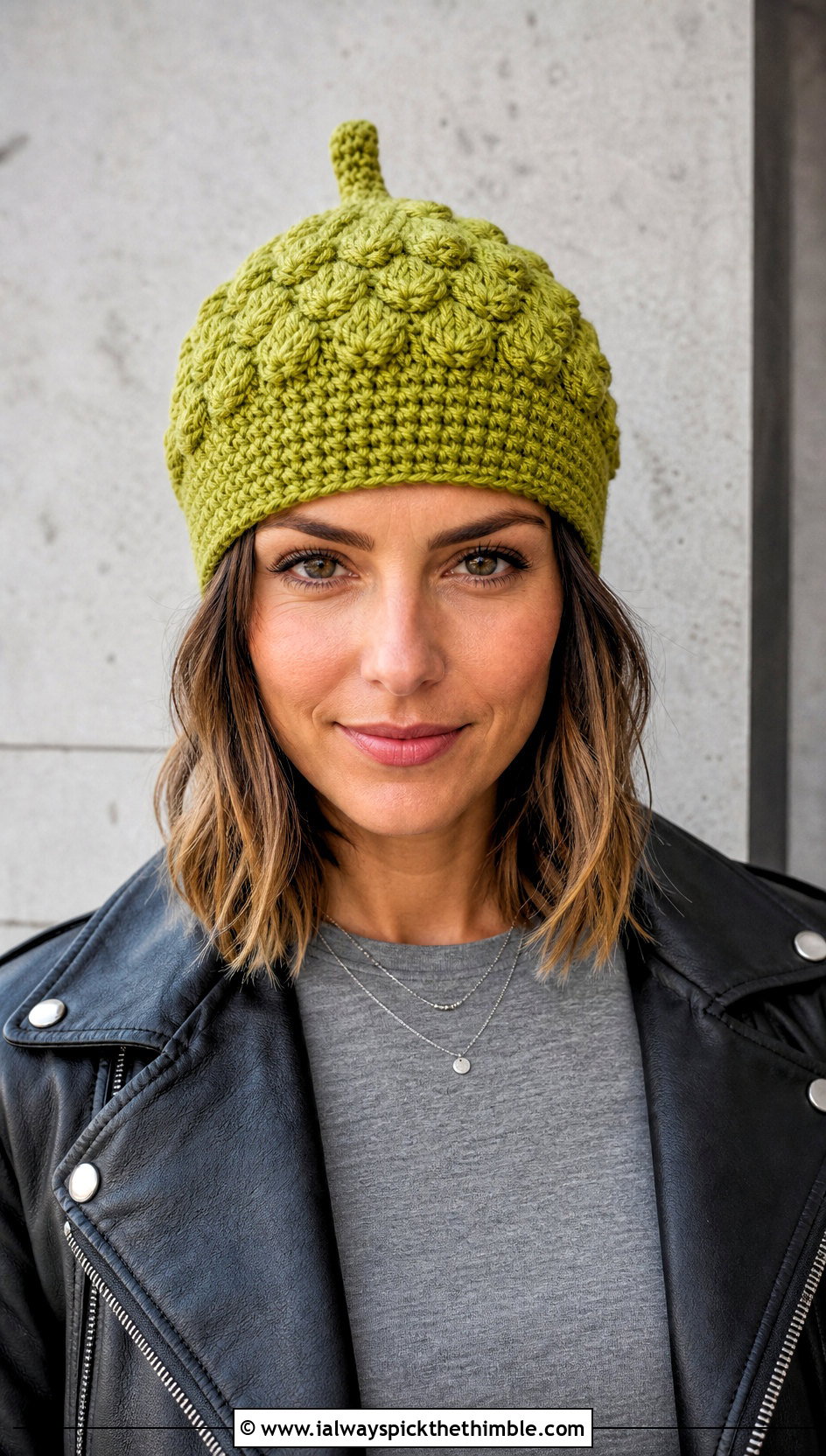 Textured Cap Crochet Acorn Hat With Leather Jacket - 20 crochet acorn hat outfit ideas