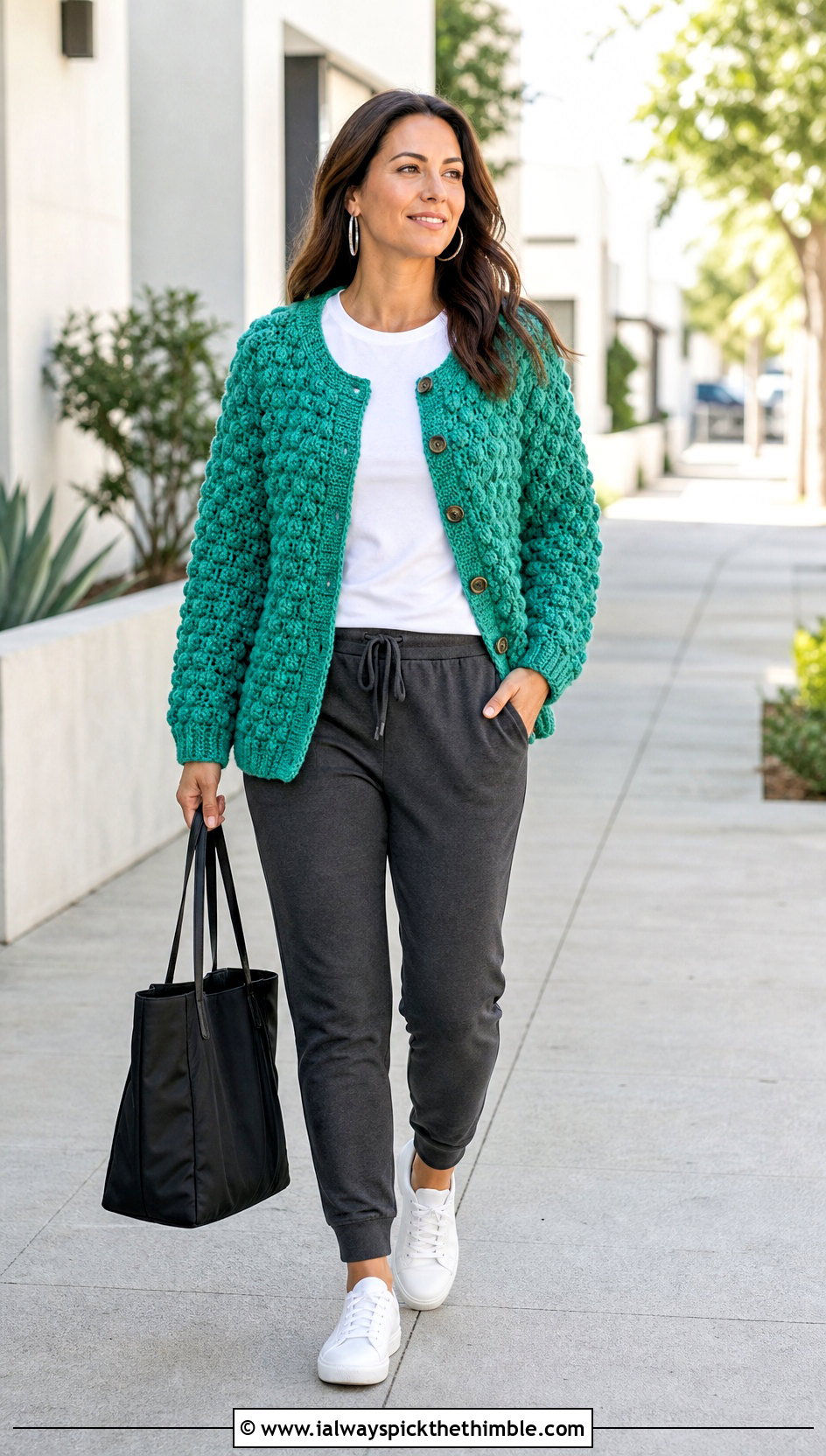 Textured Cluster Hexi Cardigan With Joggers - 25 crochet hexi cardigan outfit ideas