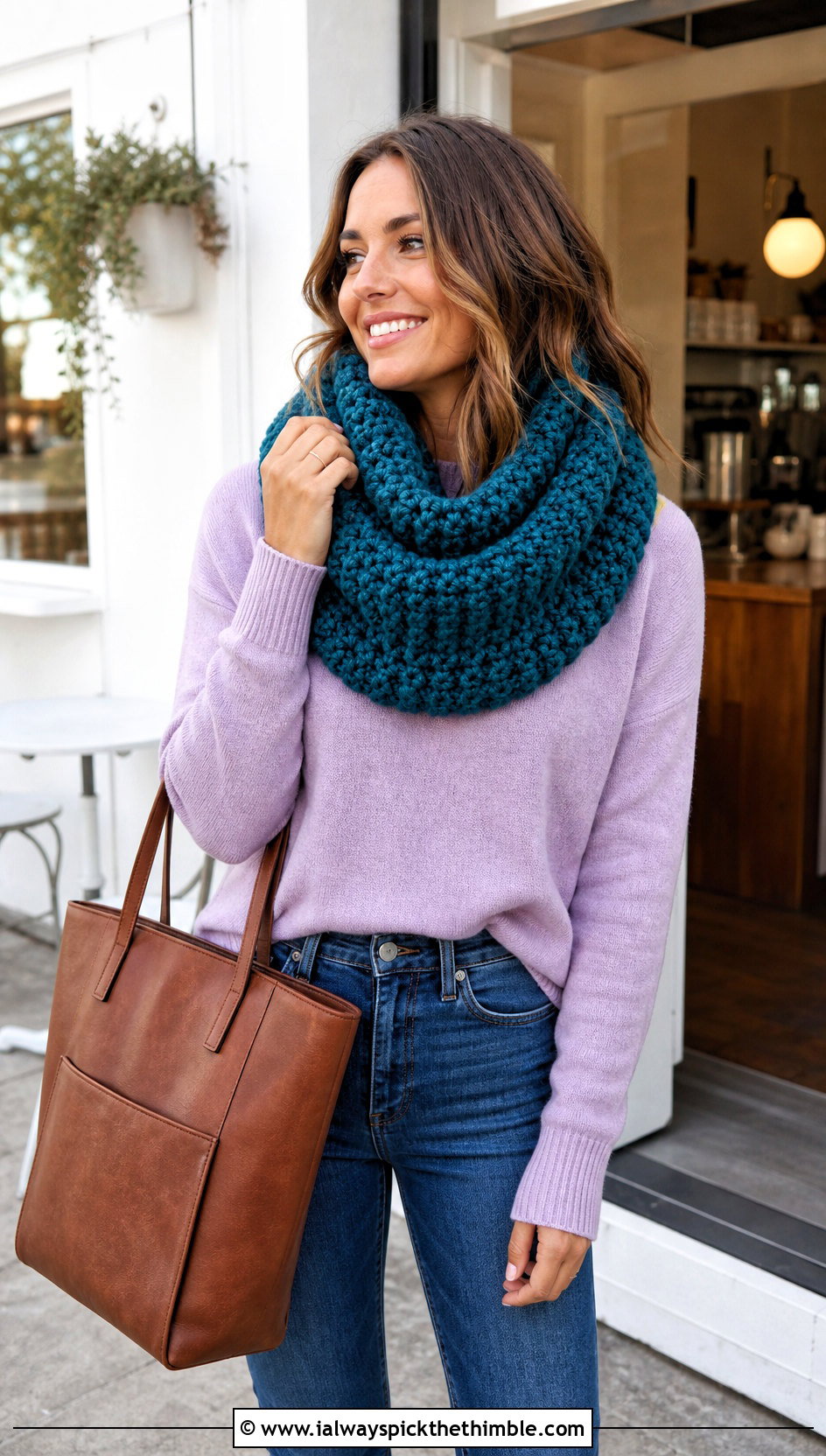 Textured Cowl Chunky Crochet Infinity Scarf With Sweater And Jeans - 20 Chunky Crochet Infinity Scarf outfit ideas