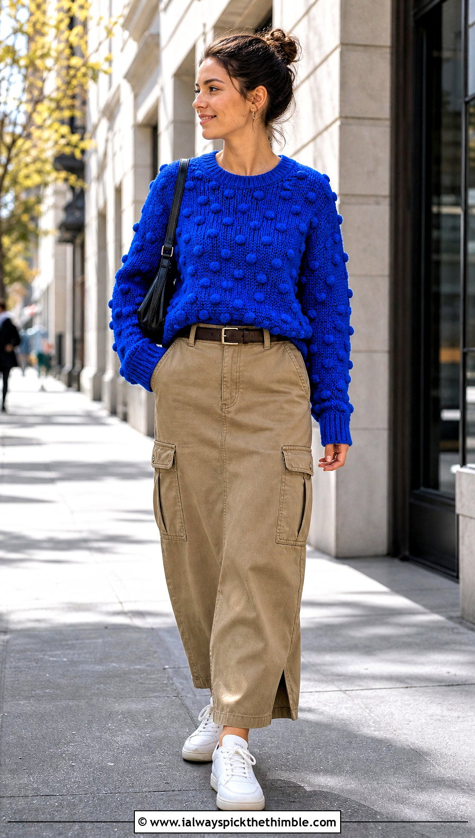Textured Crew Neck Crochet Sweater With Cargo Skirt - 25 easy crochet sweater outfit ideas
