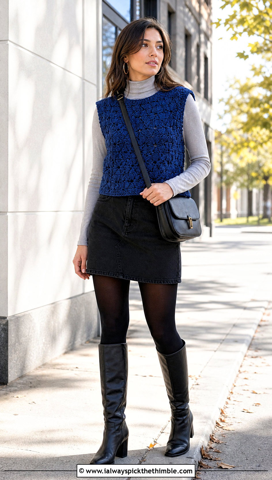 Textured Crew Neck Crochet Vest With Mini Skirt - 25 diy crochet vest outfit ideas