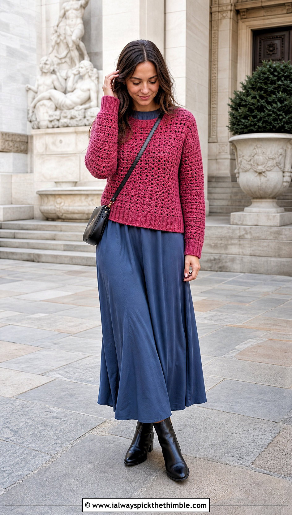 Textured Crewneck Crochet Rory Gilmore Sweater Over A Maxi Dress - 20 crochet rory gilmore sweater outfit ideas