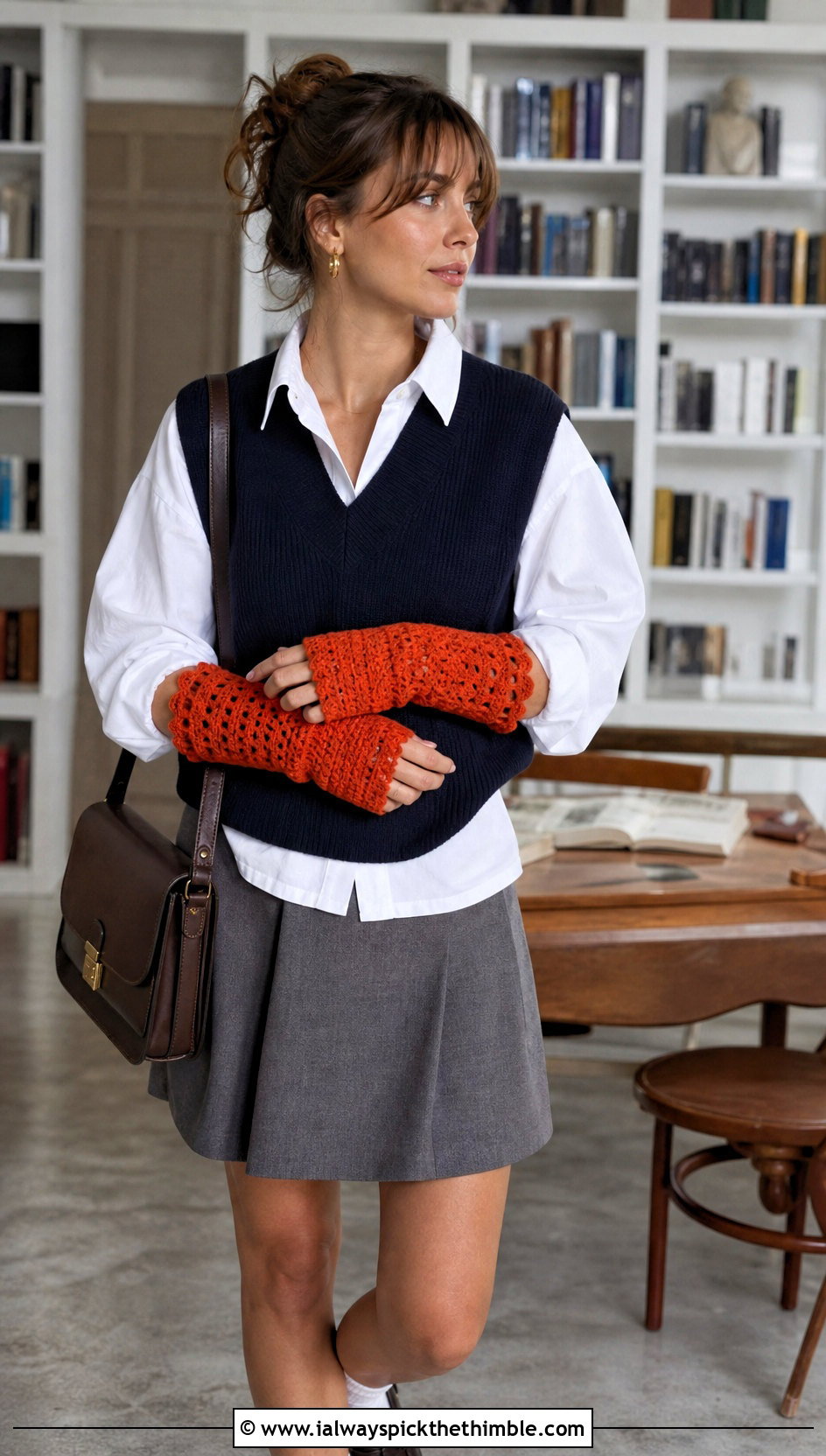 Textured Crochet Arm Warmers With Sweater Vest - 25 easy crochet fingerless gloves outfit ideas