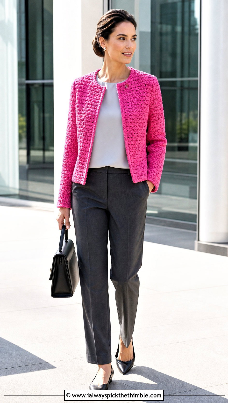 Textured Crochet Boucle Jacket With Tailored Trousers - 25 crochet jacket outfit ideas