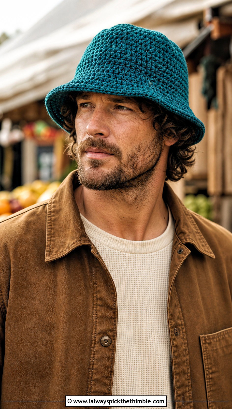 Textured Crochet Bucket Hat With Chore Jacket And Boots - 20 crochet bucket hat men outfit ideas
