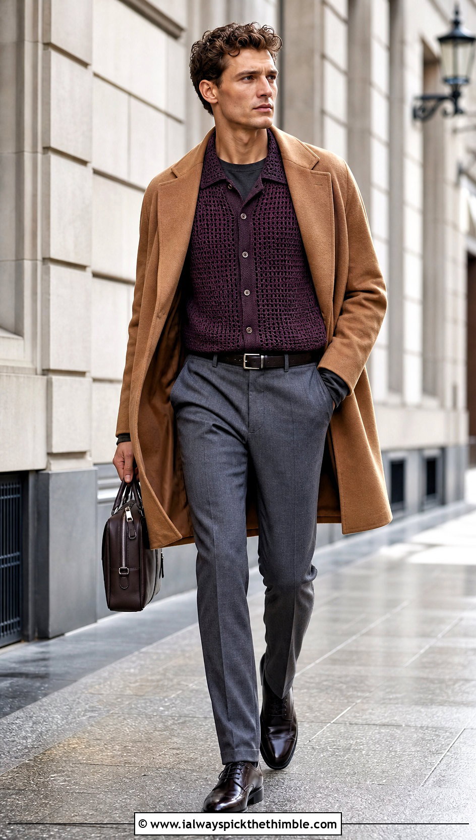 Textured Crochet Button Up With Wool Trousers - 25 crochet male shirt outfit ideas