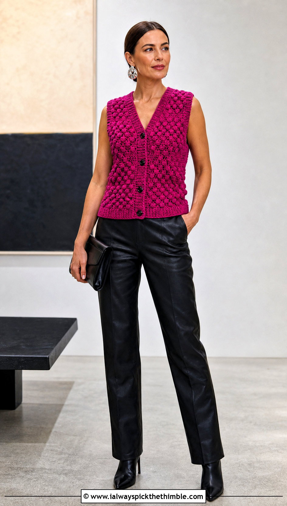 Textured Crochet Button Vest With Leather Pants - 25 crochet button vest outfit ideas