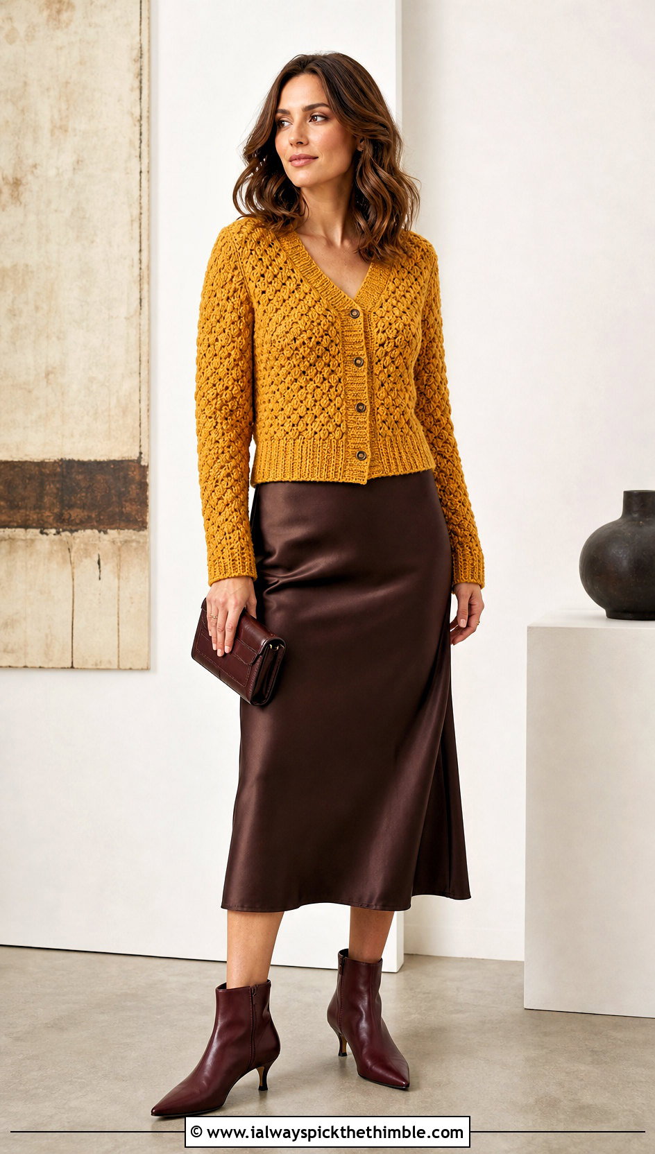 Textured Crochet Cardigan With Satin Midi Skirt - 15 Crochet Cardigan Fall Fashion and outfit ideas