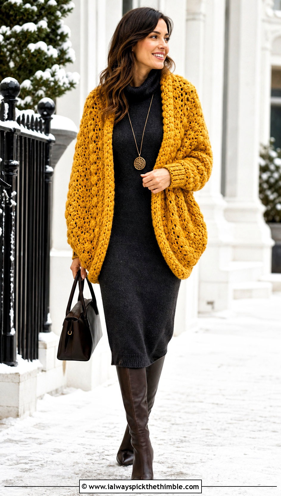 Textured Crochet Cocoon Shrug With Sweater Dress - 20 crochet wrap around shrug with sleeves outfit ideas