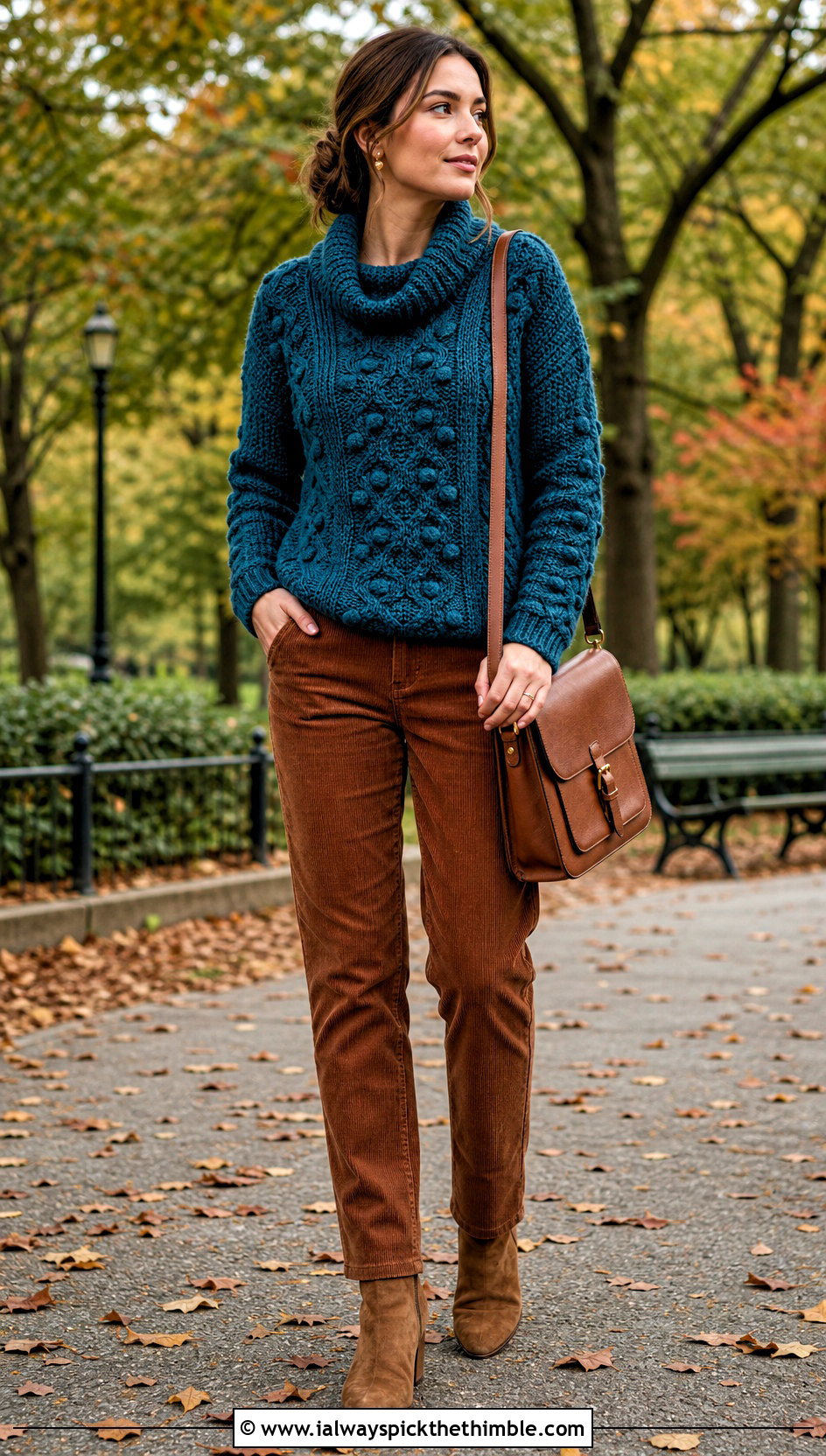 Textured Crochet Cowl Neck Sweater With Corduroy Pants - 20 Crochet Cowl Neck Sweater outfit ideas