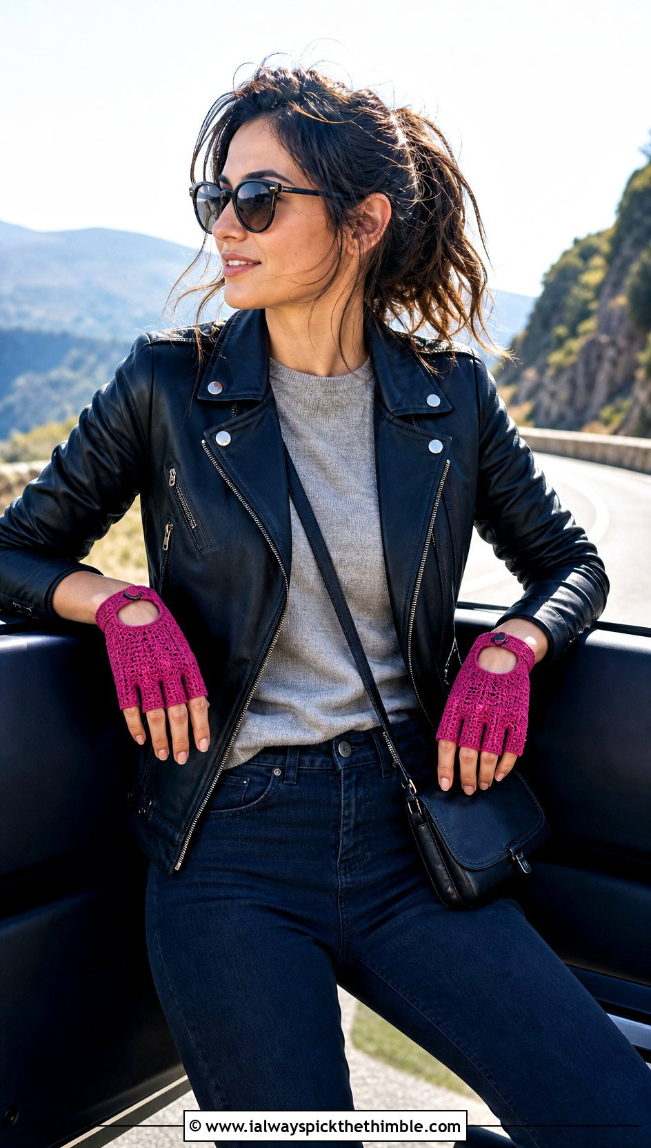 Textured Crochet Driving Gloves With Moto Jacket - 25 crochet hand gloves outfit ideas