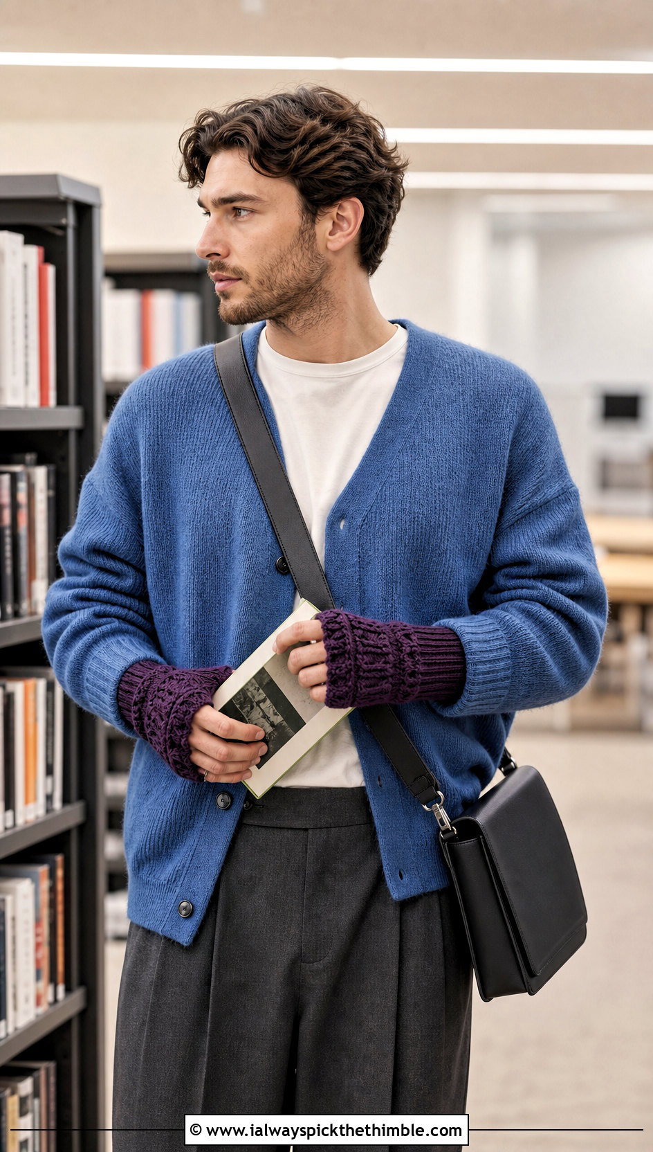 Textured Crochet Fingerless Mitts With Cardigan - 20 Crochet Mens Fingerless Gloves outfit ideas