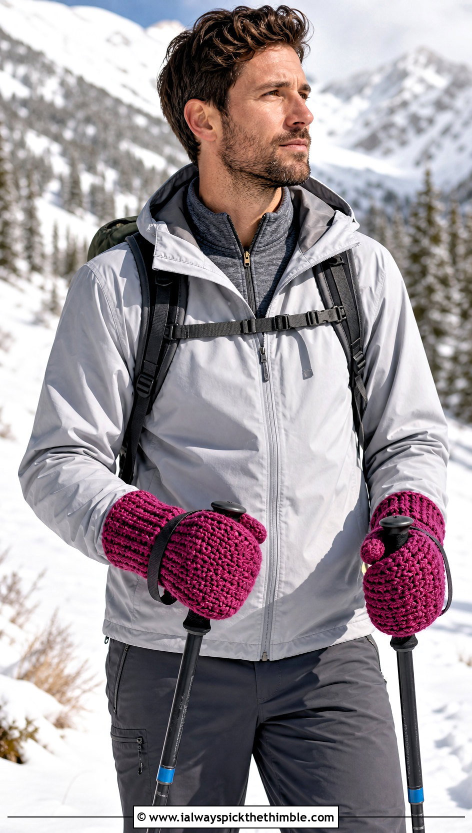 Textured Crochet Gauntlet Mittens With Hiking Outfit - 20 Crochet Mens Mittens outfit ideas