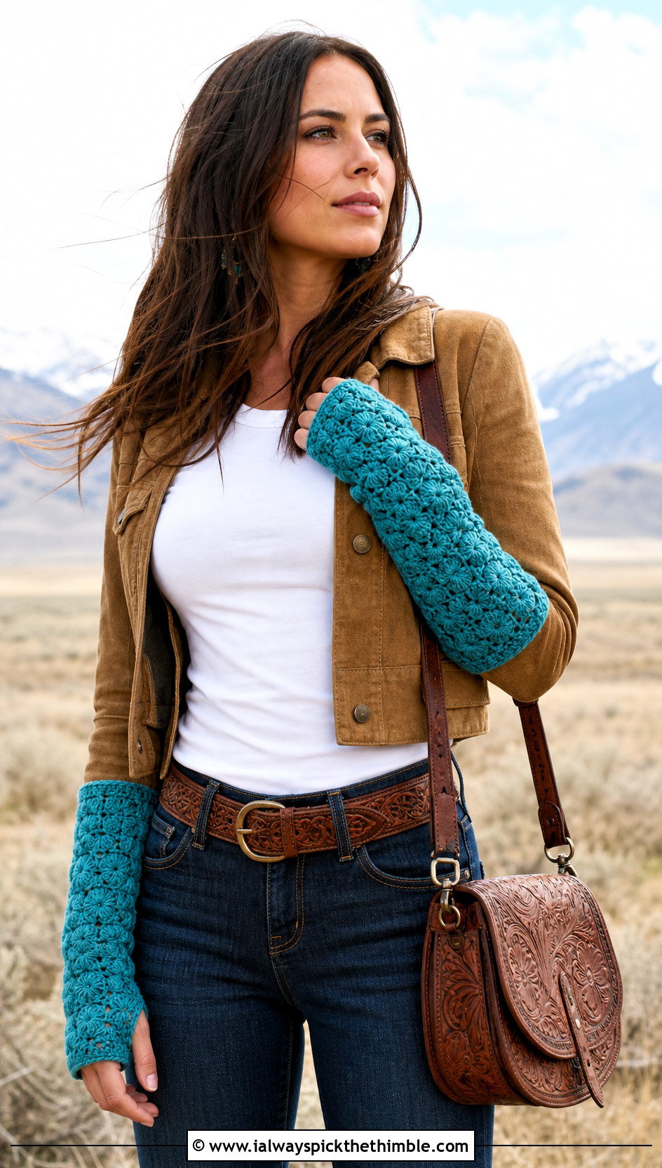 Textured Crochet Gauntlets With a Western Denim Outfit - 25 crochet fingerless gloves outfit ideas