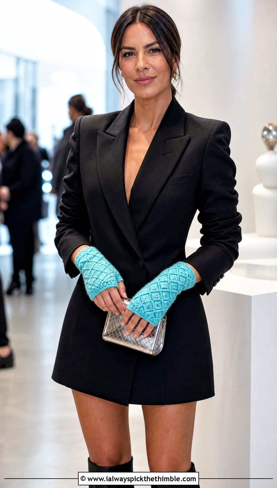 Textured Crochet Glovelets With Blazer Dress - 25 crochet gloves outfit ideas
