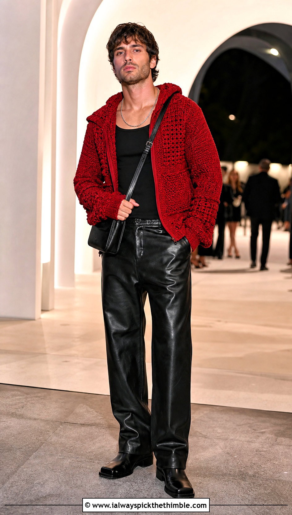 Textured Crochet Hoodie With Leather Pants - 20 crochet mens hoodie outfit ideas