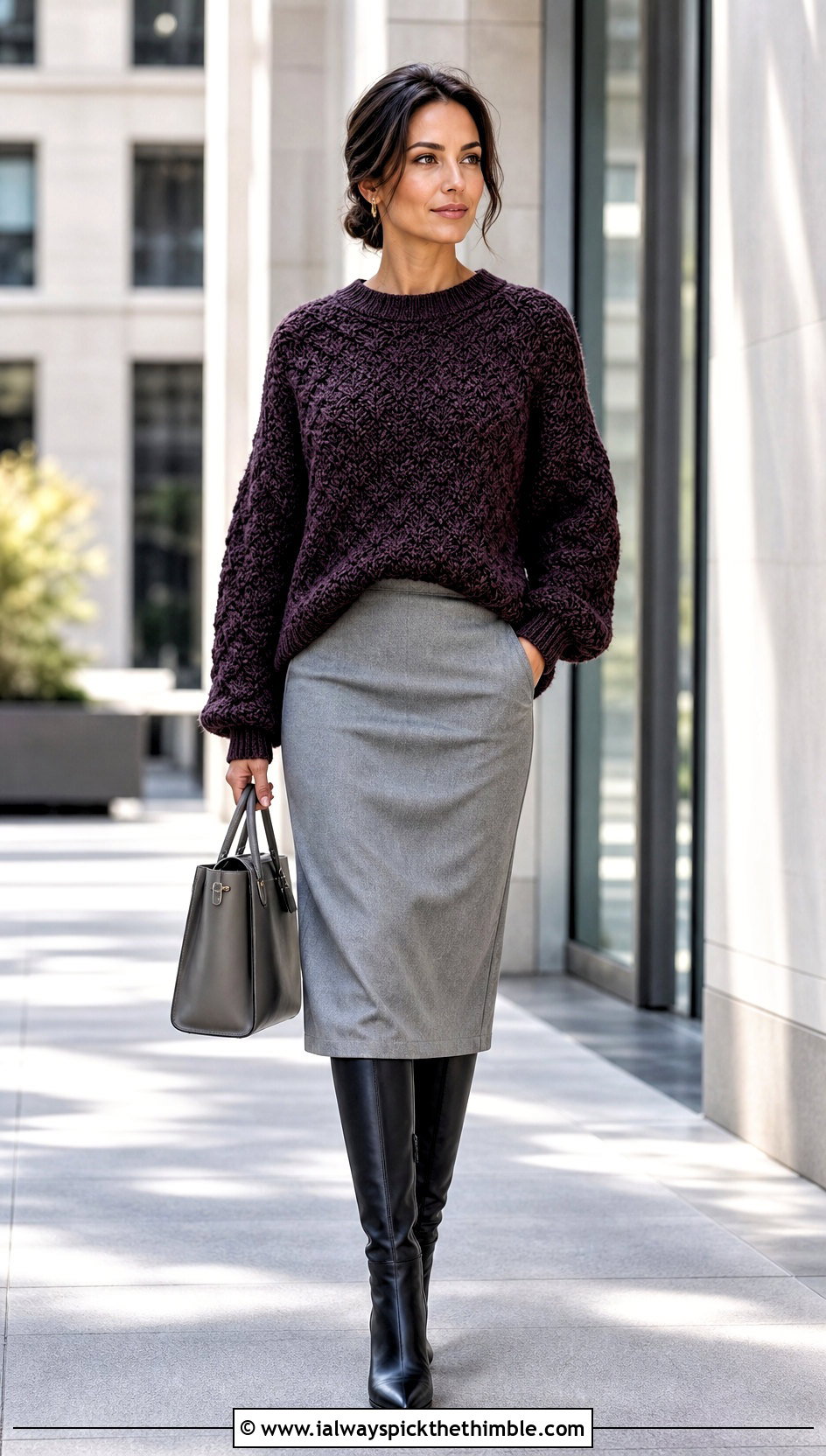 Textured Crochet Jumper With Midi Pencil Skirt - 20 oversized crochet jumper outfit ideas