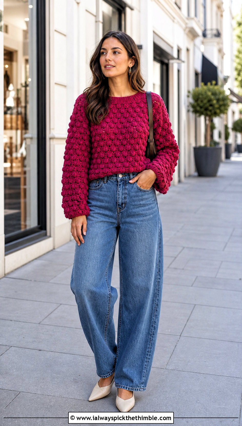Textured Crochet Long Sleeve Top With Barrel Jeans - 25 crochet long sleeve tops outfit ideas
