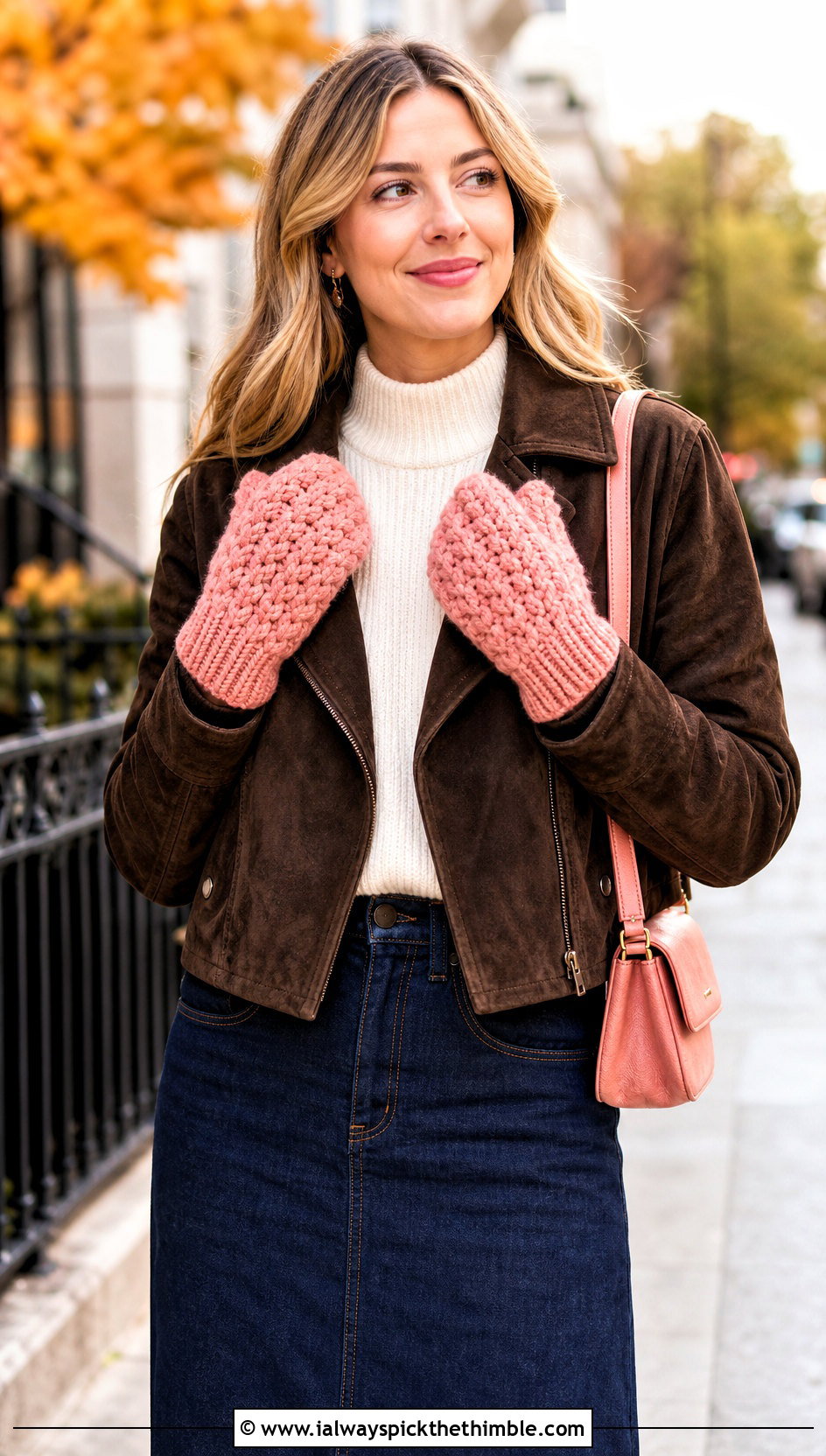 Textured Crochet Mittens With Denim Maxi Skirt - 25 easy crochet mittens outfit ideas
