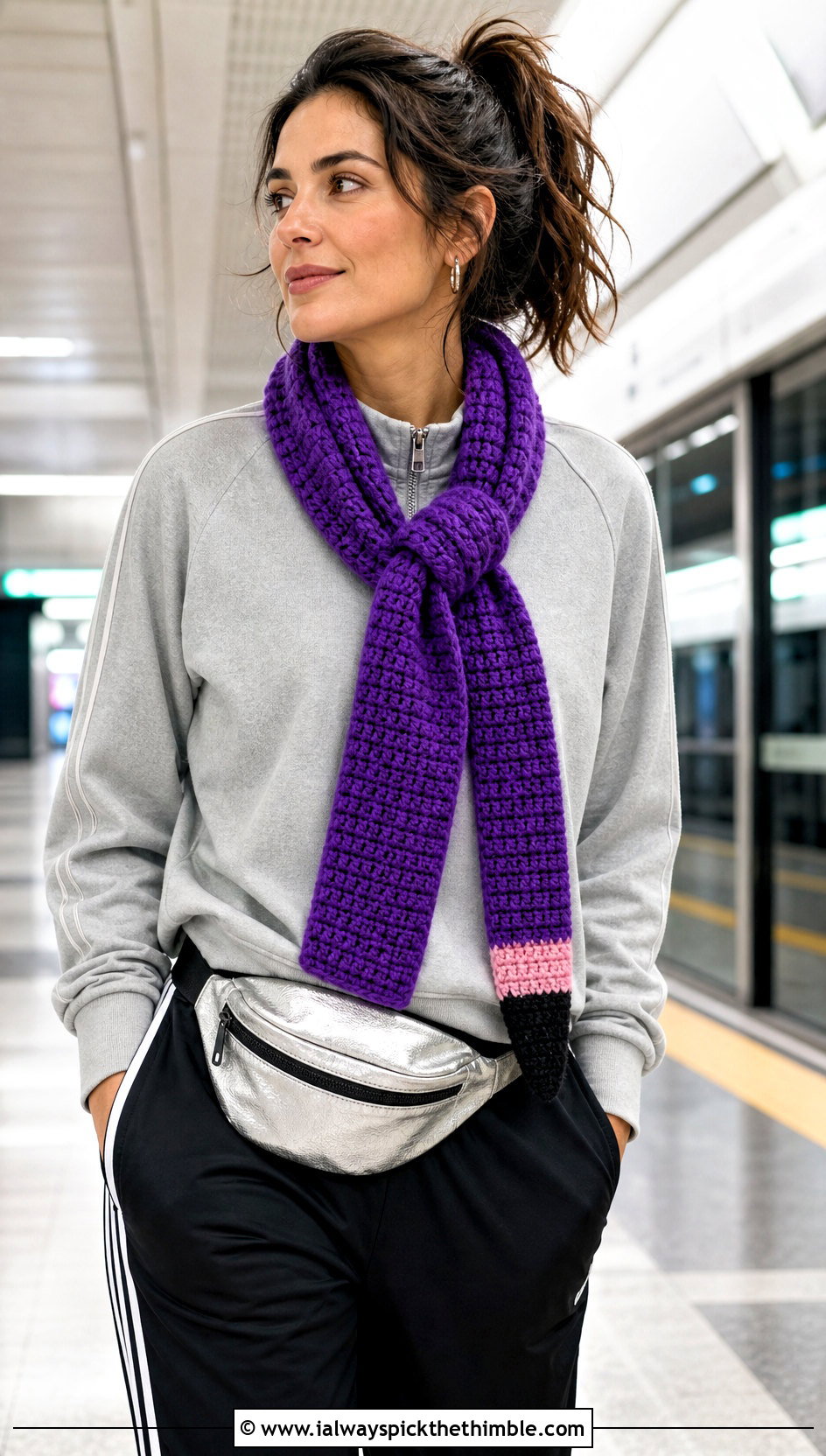 Textured Crochet Pencil Scarf With Track Jacket - 20 Crochet Pencil Scarf outfit ideas