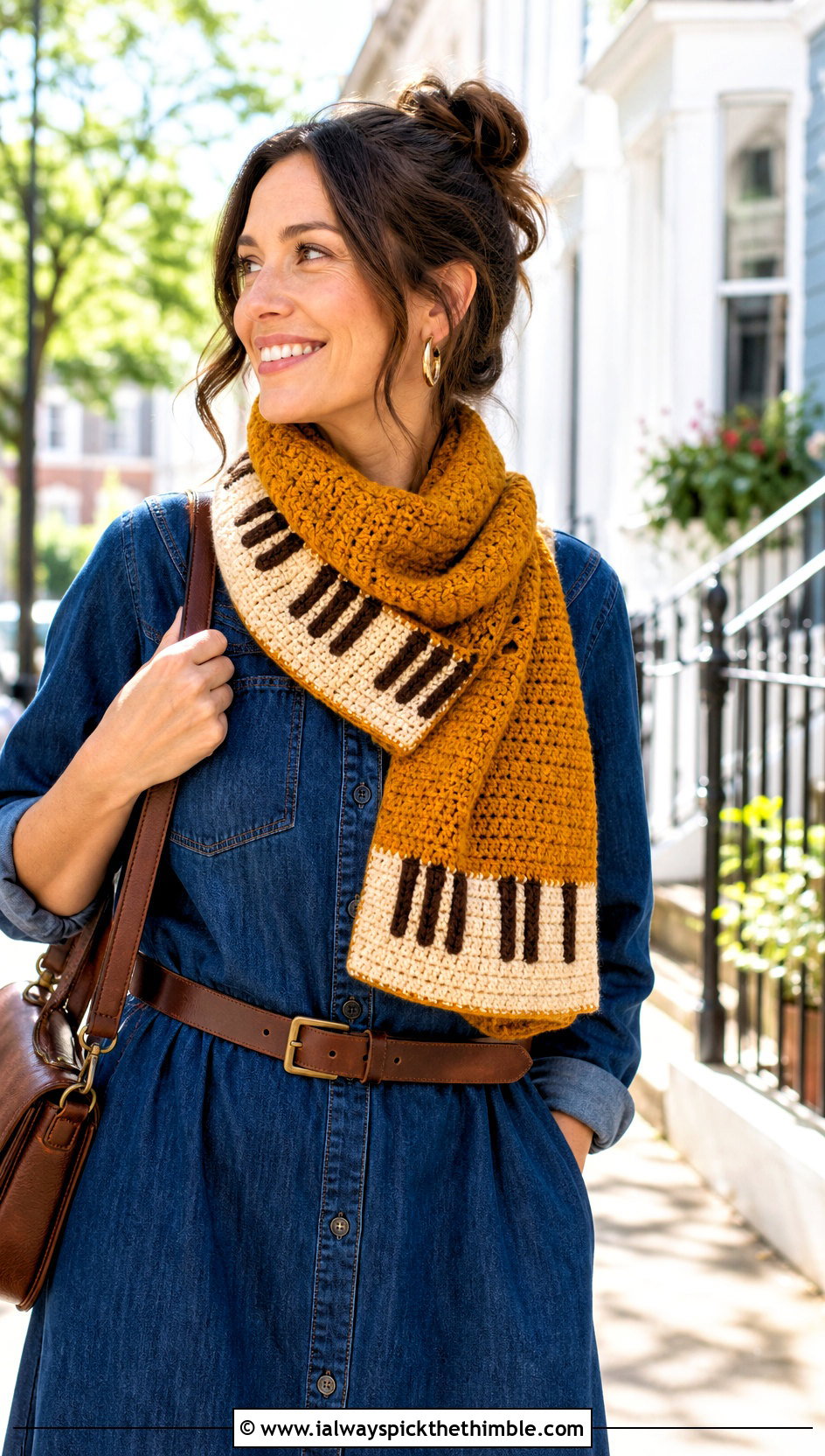 Textured Crochet Piano Scarf With Denim Dress - 25 crochet piano scarf outfit ideas