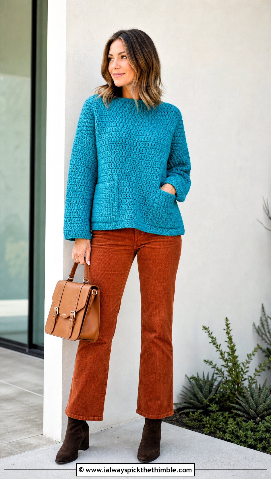 Textured Crochet Pocket Pullover With Corduroy Pants - 20 crochet sweater with pockets outfit ideas