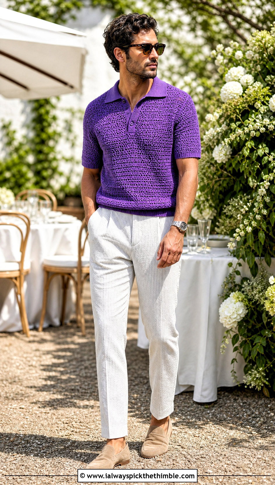 Textured Crochet Polo Sweater With Seersucker Trousers - 25 men crochet sweater outfit ideas
