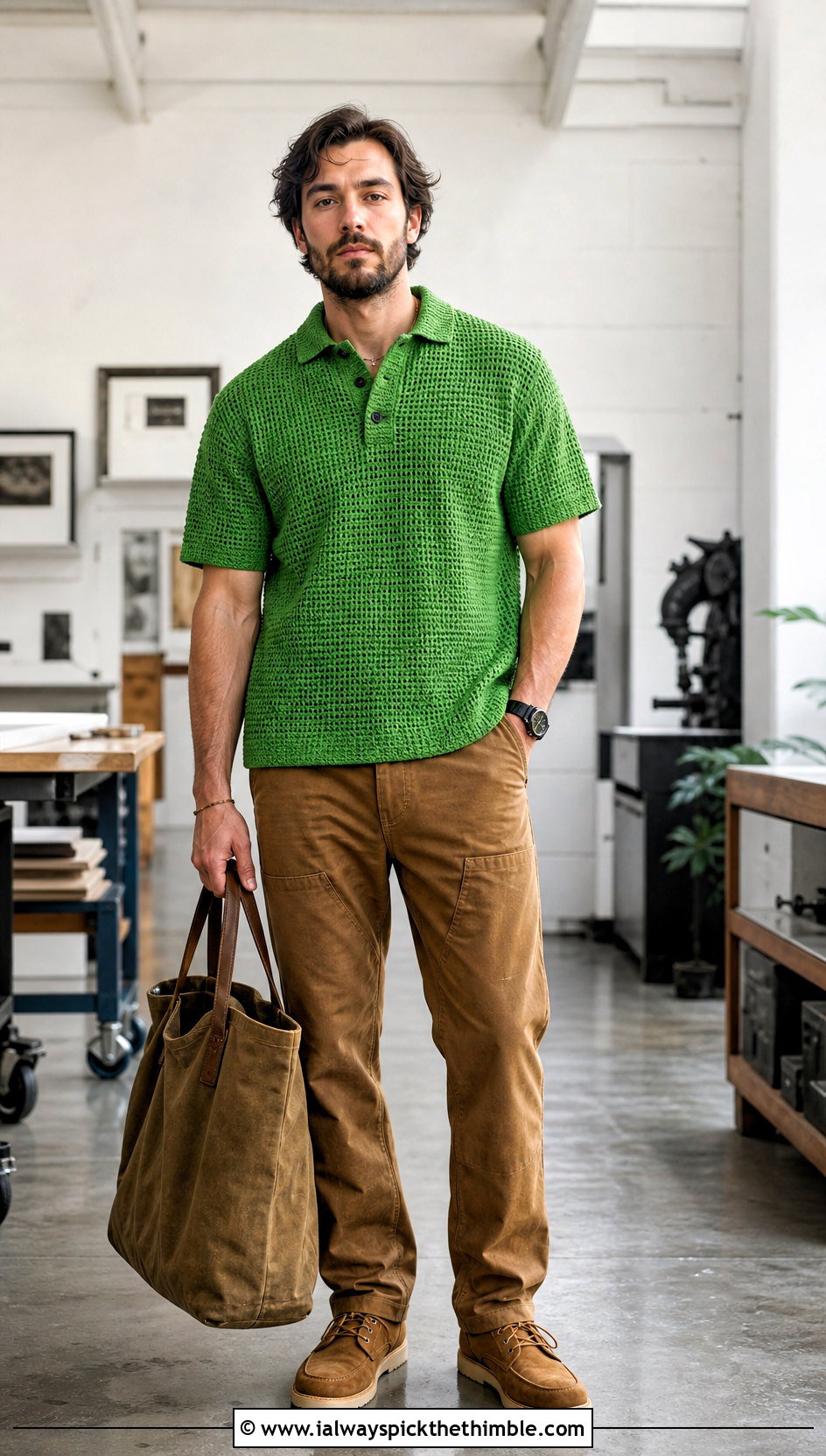 Textured Crochet Polo With Workwear Pants - 15 Mens Crochet Polo Shirt outfit ideas