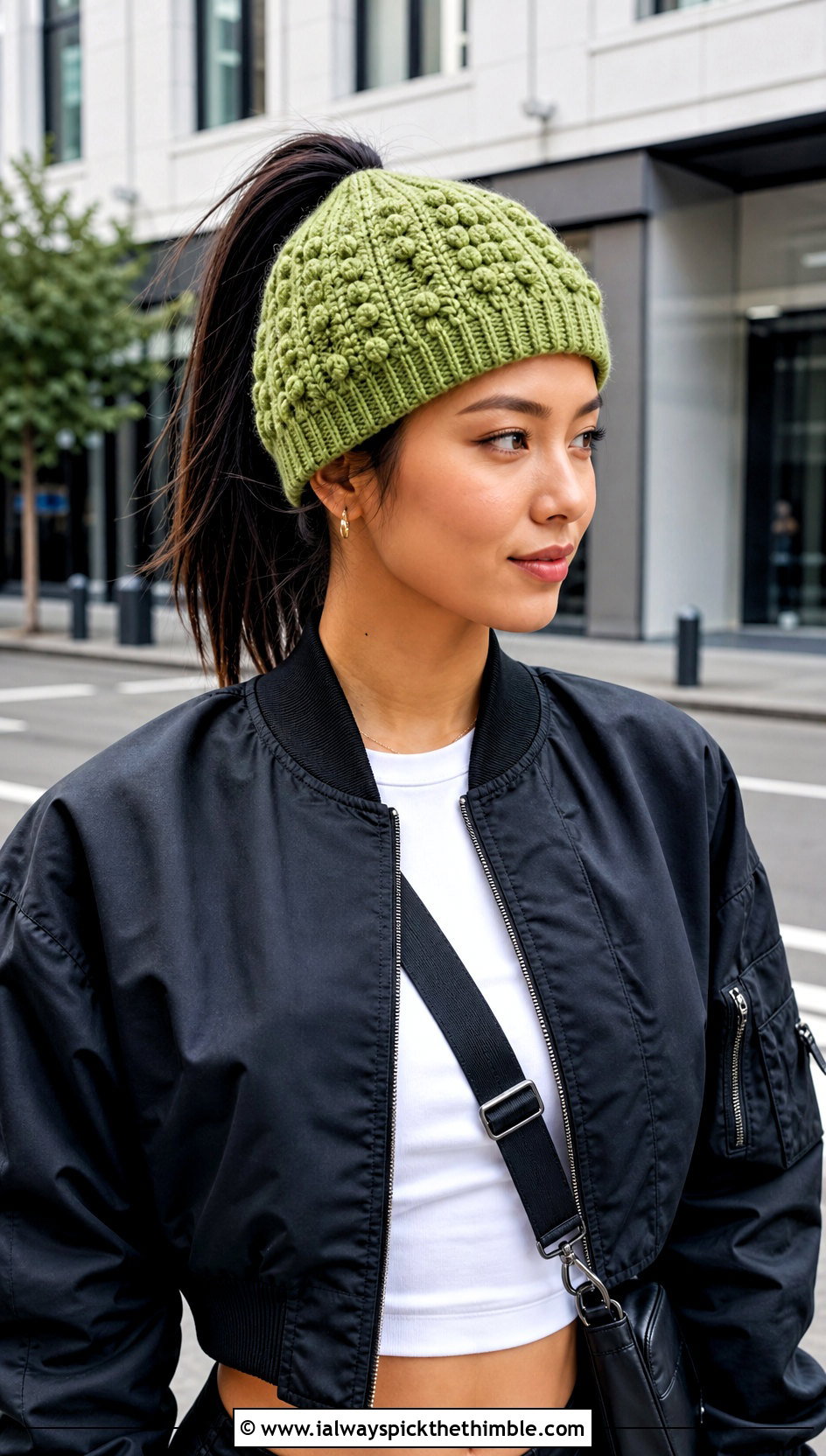 Textured Crochet Ponytail Beanie With Cargo Pants - 20 Crochet Beanie With Ponytail Hole Hat outfit ideas