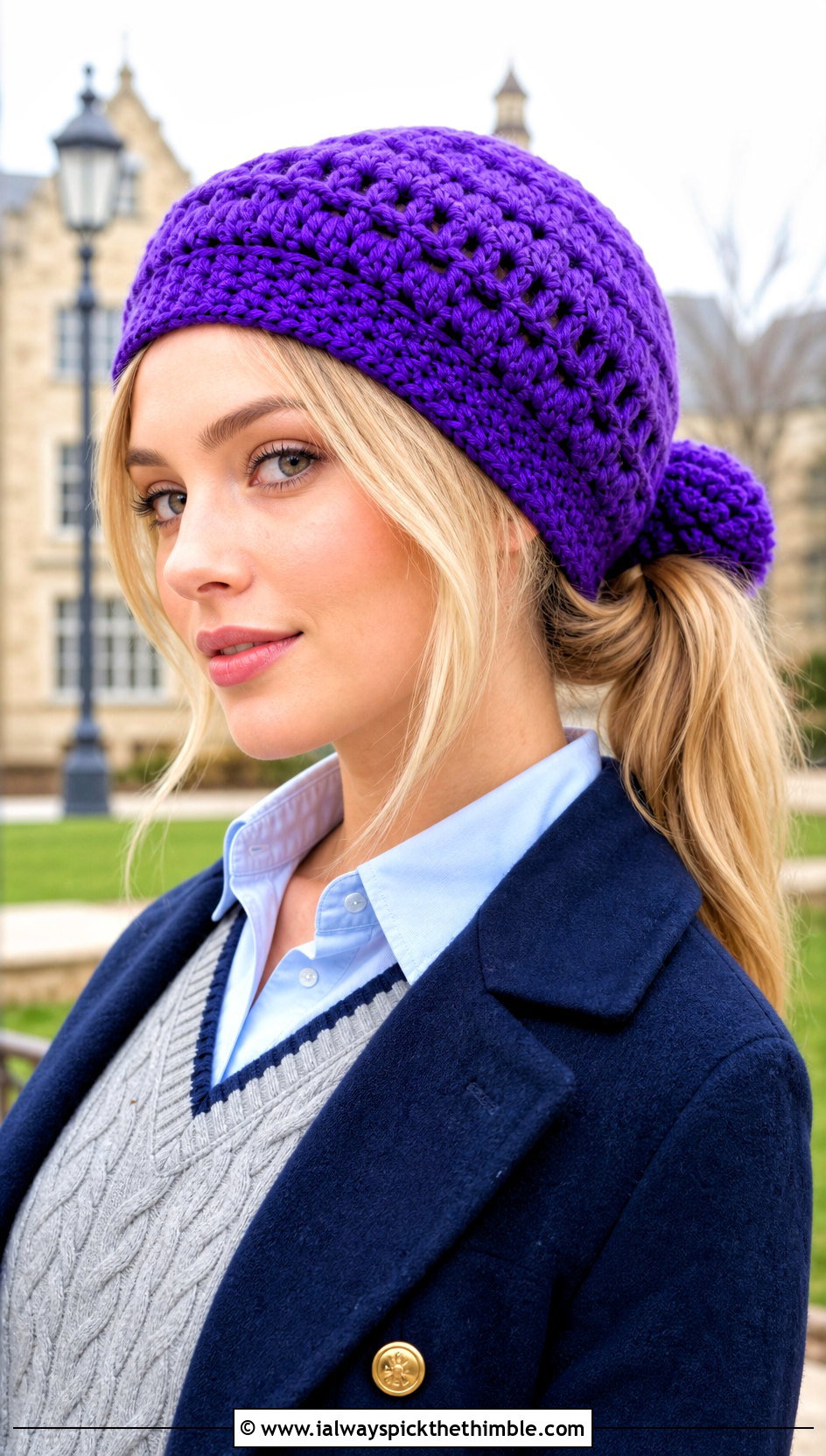 Textured Crochet Ponytail Beret With Preppy Outfit - 25 crochet ponytail hat outfit ideas