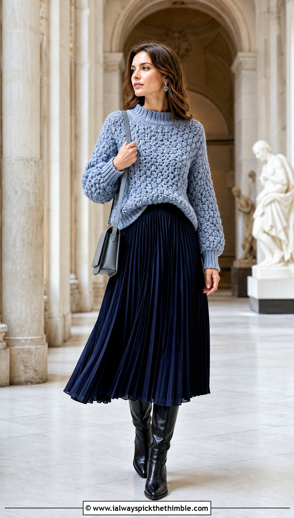 Textured Crochet Pullover With Pleated Midi Skirt - 20 long crochet sweater outfit ideas