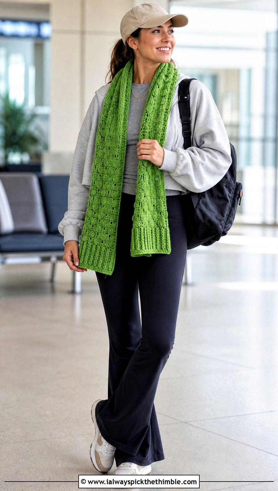 Textured Crochet Road Trip Scarf With Athleisure - 15 Crochet Road Trip Scarf outfit ideas