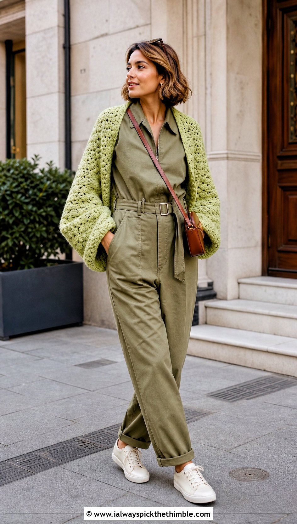 Textured Crochet Sleeve Wrap With Utility Jumpsuit - 25 crochet wrap with sleeves outfit ideas