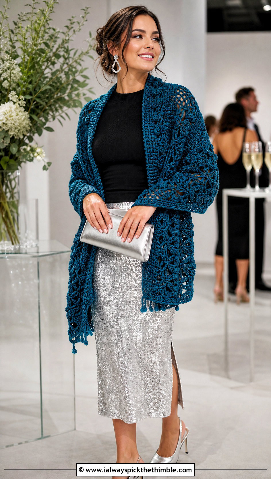 Textured Crochet Stole Shawl With Sequin Skirt - 20 Crochet For Shawl outfit ideas