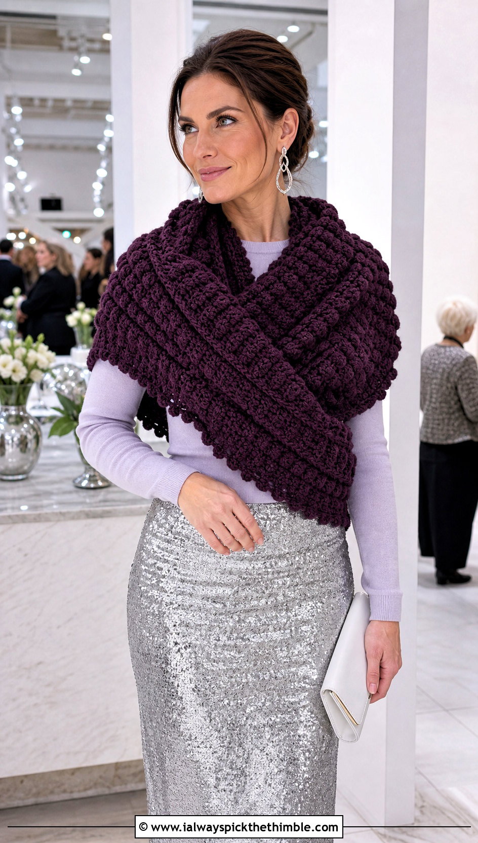 Textured Crochet Stole With Sequin Skirt - 20 simple crochet shawls and wraps outfit ideas