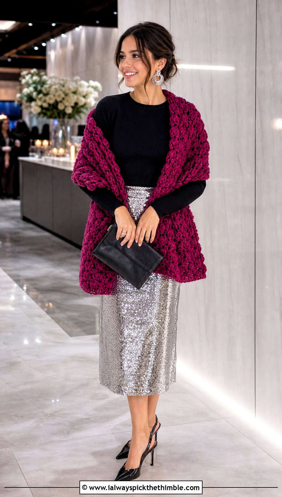 Textured Crochet Stole With Sequin Skirt - 20 crochet shawl wrap outfit ideas