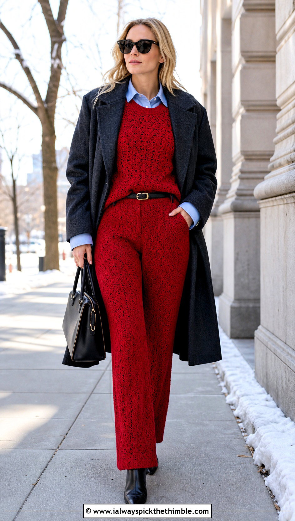 Textured Crochet Sweater And Trouser Set With Long Coat - 20 Crochet Sweater Set outfit ideas