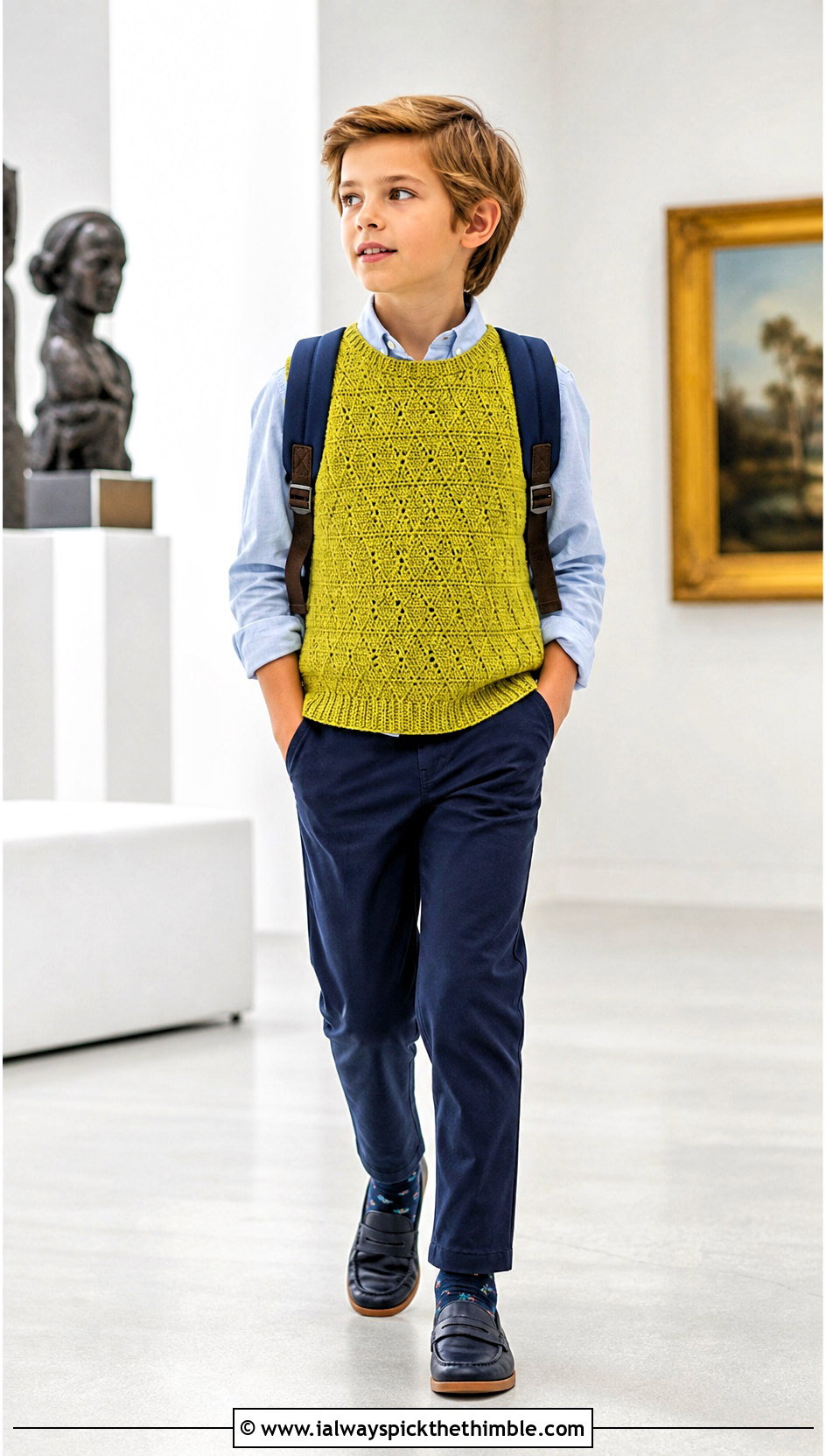 Textured Crochet Sweater Vest With Oxford Shirt And Trousers - 15 Crochet Childs Sweater outfit ideas