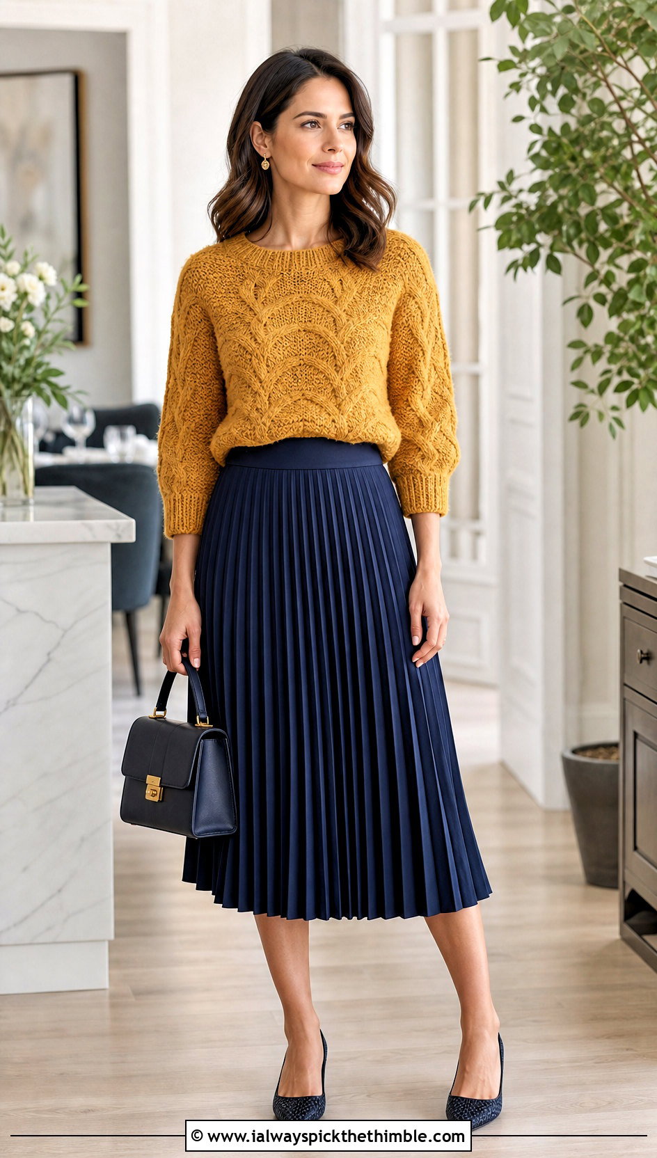 Textured Crochet Sweater With Pleated Midi Skirt - 20 Crocheted Sweaters For Women outfit ideas