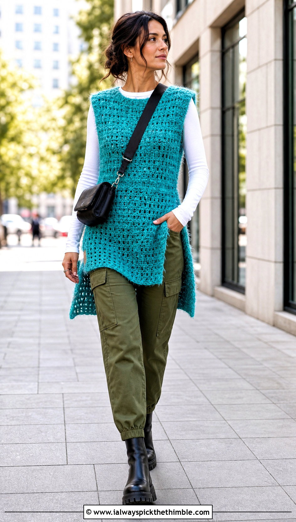 Textured Crochet Tunic With Slim Cargo Pants - 20 fluffy crochet clothes and outfit ideas