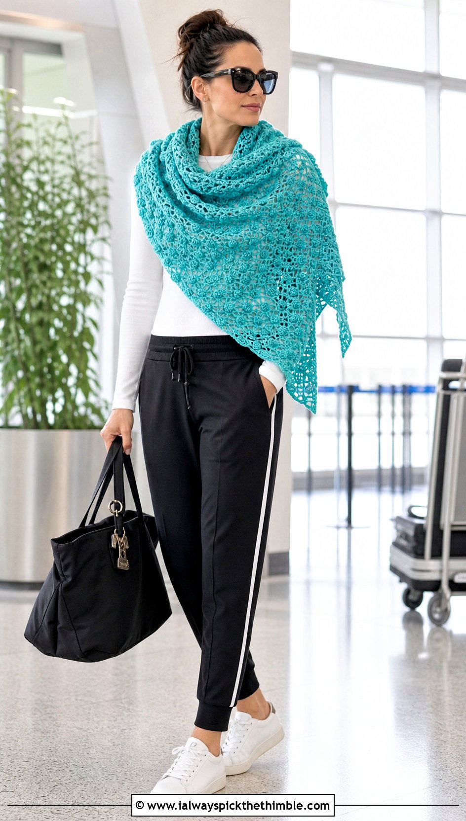 Textured Crochet Wrap Shawl With Track Pants - 25 crochet wrap shawl outfit ideas