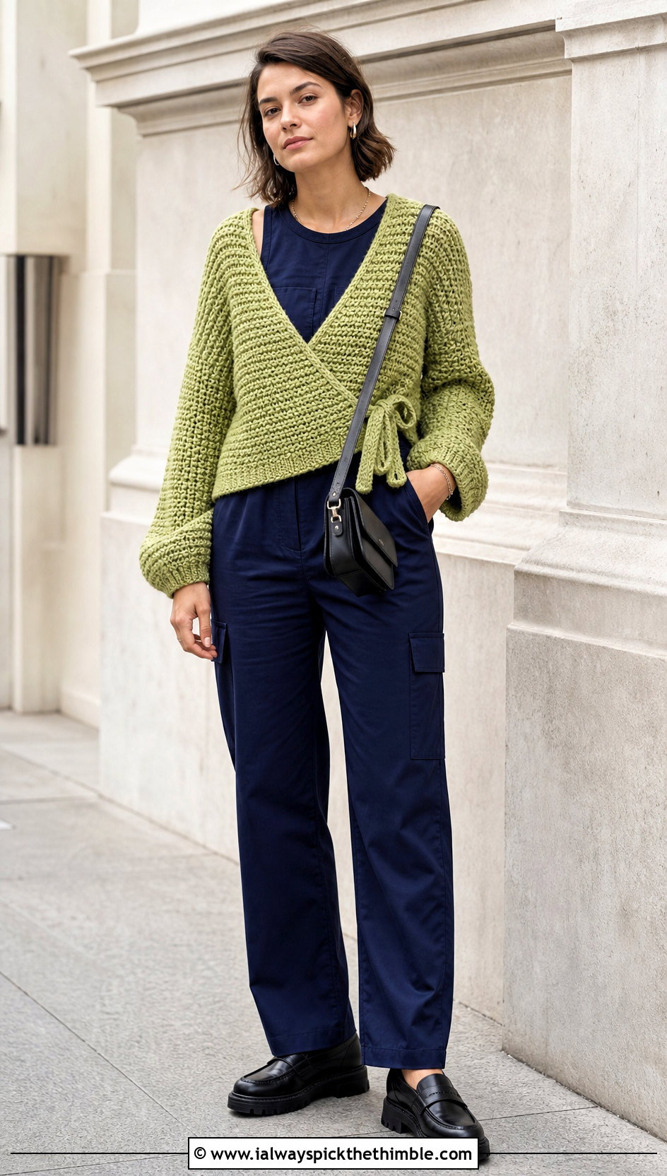 Textured Crochet Wrap Sweater With Utility Jumpsuit - 25 crochet wrap sweater outfit ideas